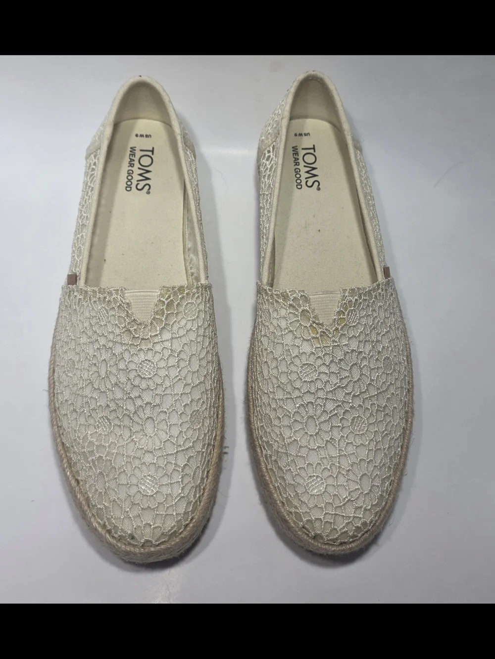 TOMS Valencia Espadrille Platform Slip On Flats Lace Cream Women’s Size 9 New